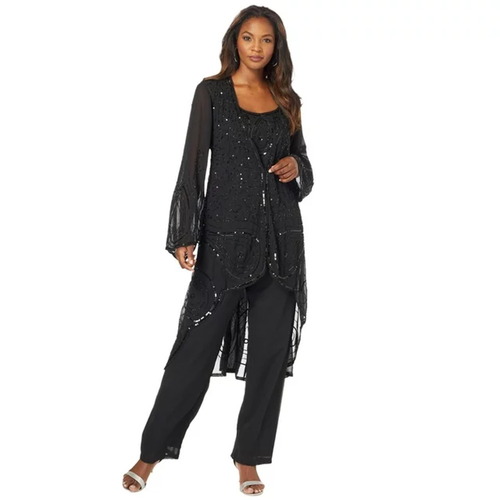 $229 Roaman's Black Beaded Chiffon 3 Piece Jacket Tank Pant Set 34W NEW - Picture 1 of 16
